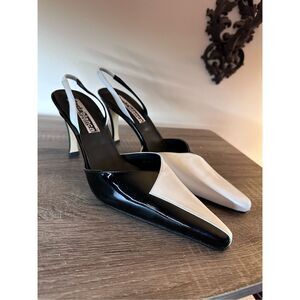 Vintage Costa Blanca Black and White Leather Slingback Mules High Heel Worn once